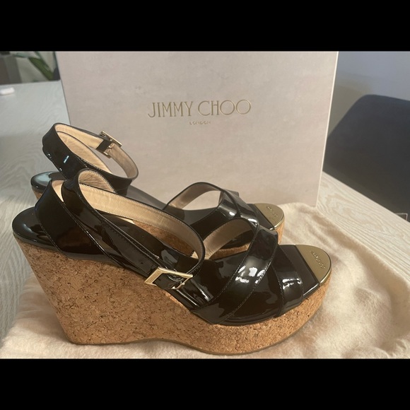 Jimmy Choo Papyrus Patent Cork Black Wedge Size 40 - Picture 8 of 11